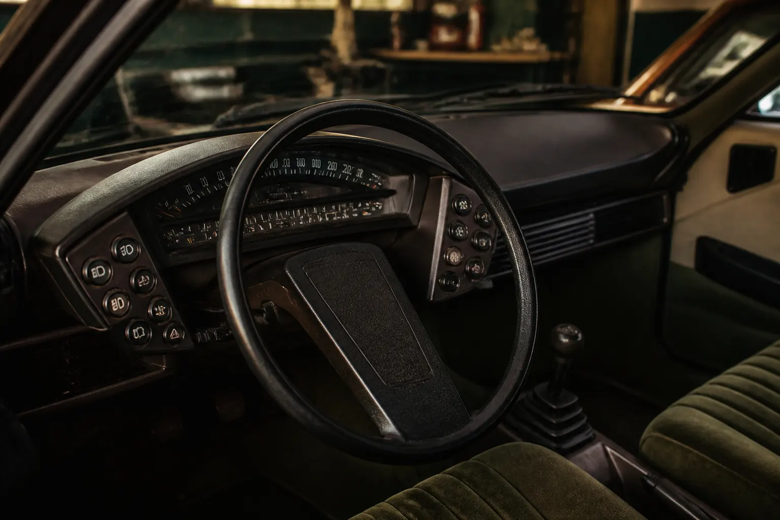 Frühes Citroën CX Cockpit mit Lunula-Instrumententafel und Bedienelementen rund um das Lenkrad