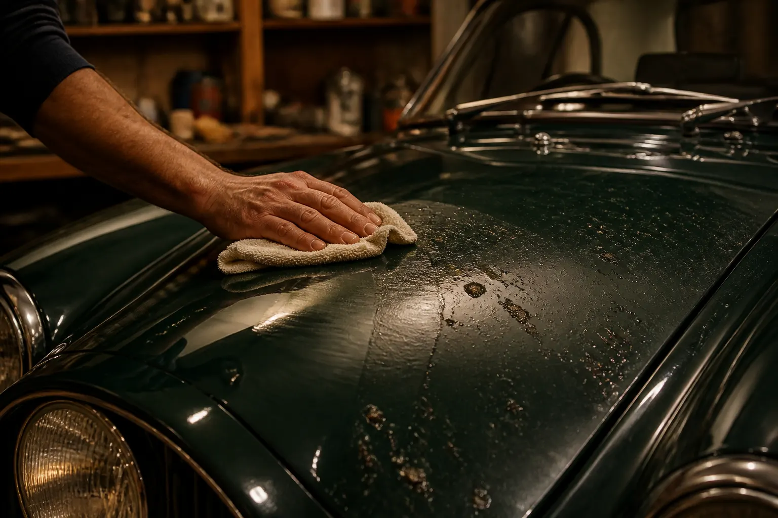 Ein nasses Tuch weicht Insektenreste auf der Motorhaube eines klassischen Fahrzeugs ein