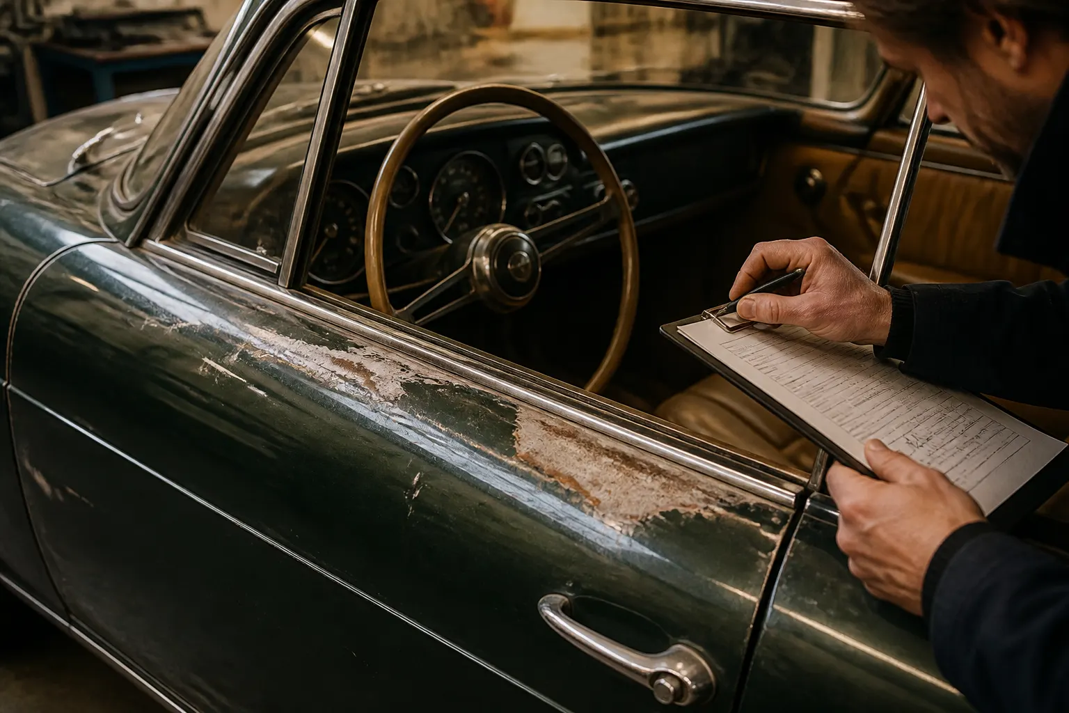 Detailaufnahme von Lack und Innenraum bei der Bestandsaufnahme eines Oldtimers