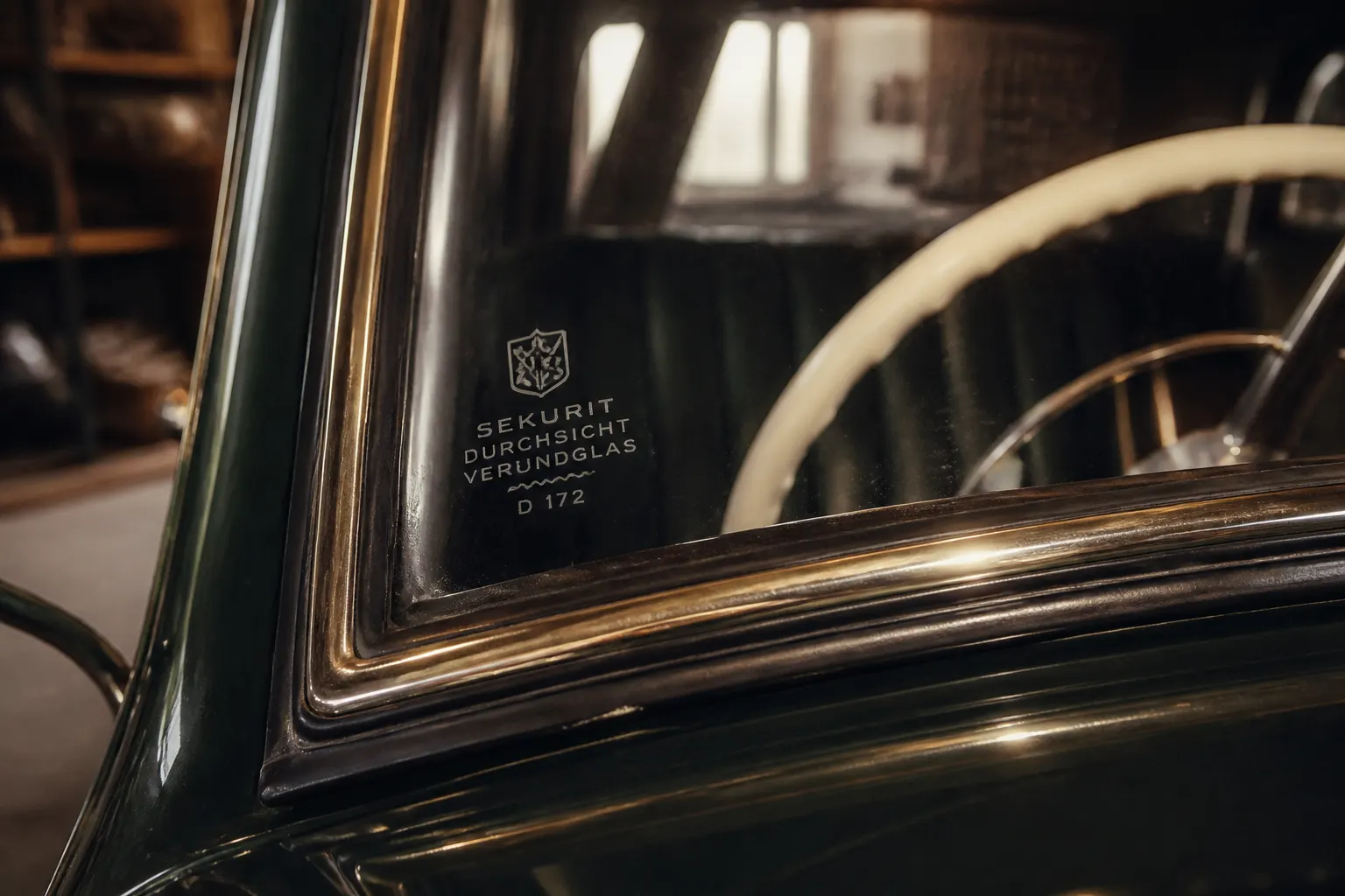 Nahaufnahme einer historischen Autoscheibe mit Herstellerzeichen und Bezeichnung der Glasart