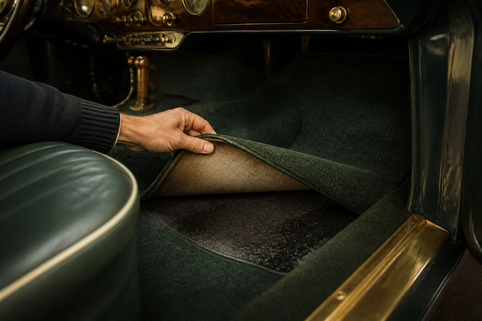 Hand prüft den Teppich im Fußraum eines klassischen Fahrzeugs auf Feuchtigkeit