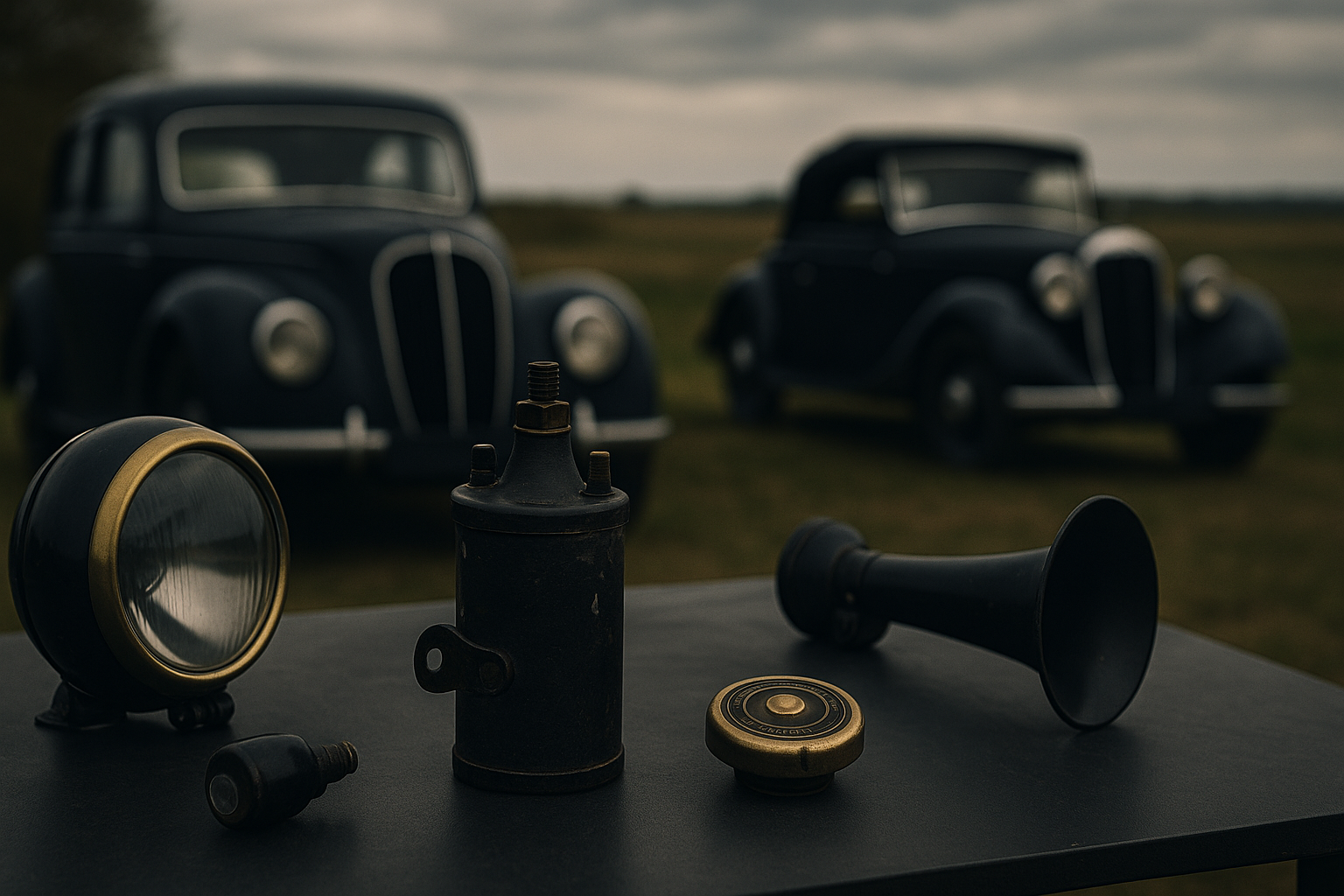 Symbolbild mit historischen Fahrzeugteilen und klassischem Pkw vor weiter Landschaft