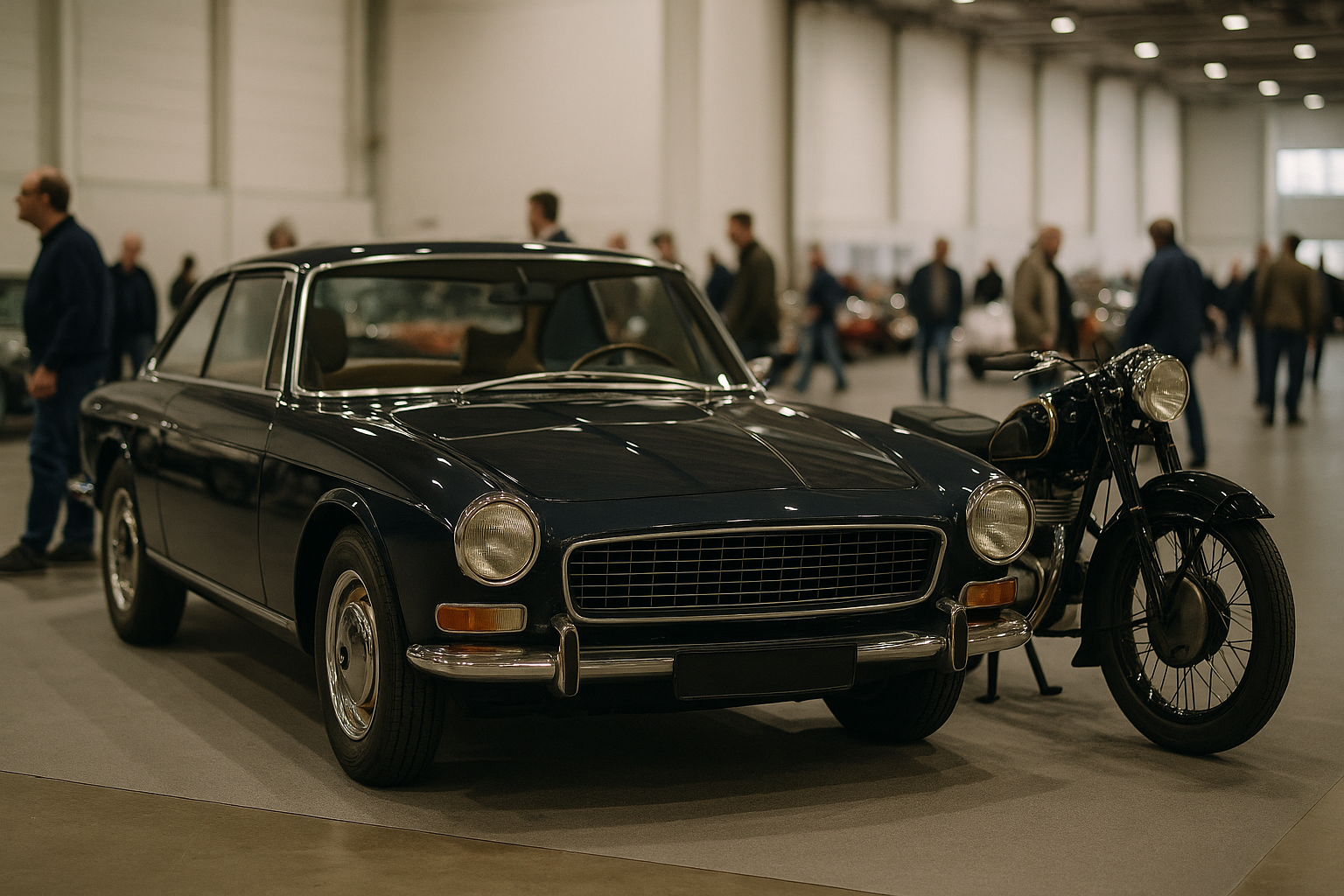 Symbolbild eines klassischen Coupés und Motorrads in einer Messehalle