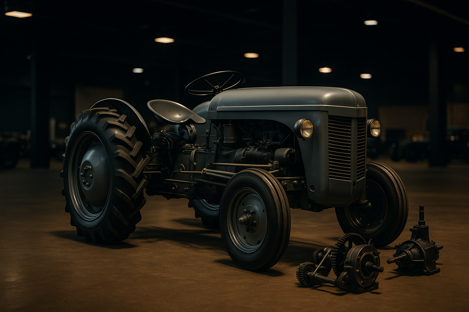 Symbolbild eines historischen Traktors mit Ersatzteilen in einer Halle