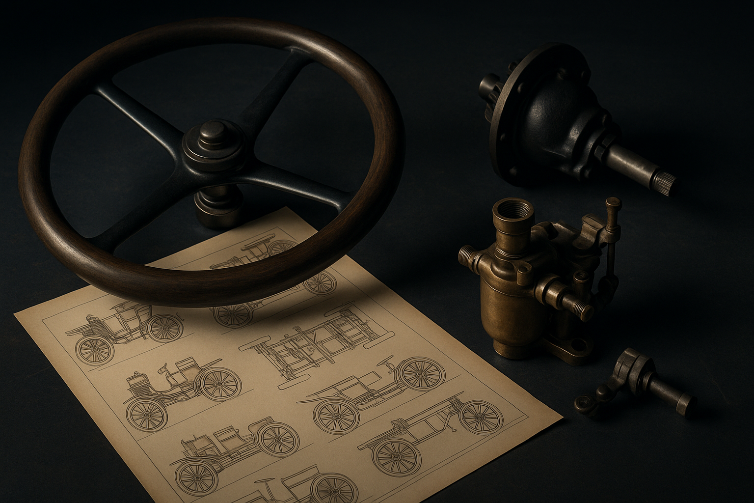 Symbolische Anordnung historischer Fahrzeugteile und unbeschrifteter technischer Skizzen