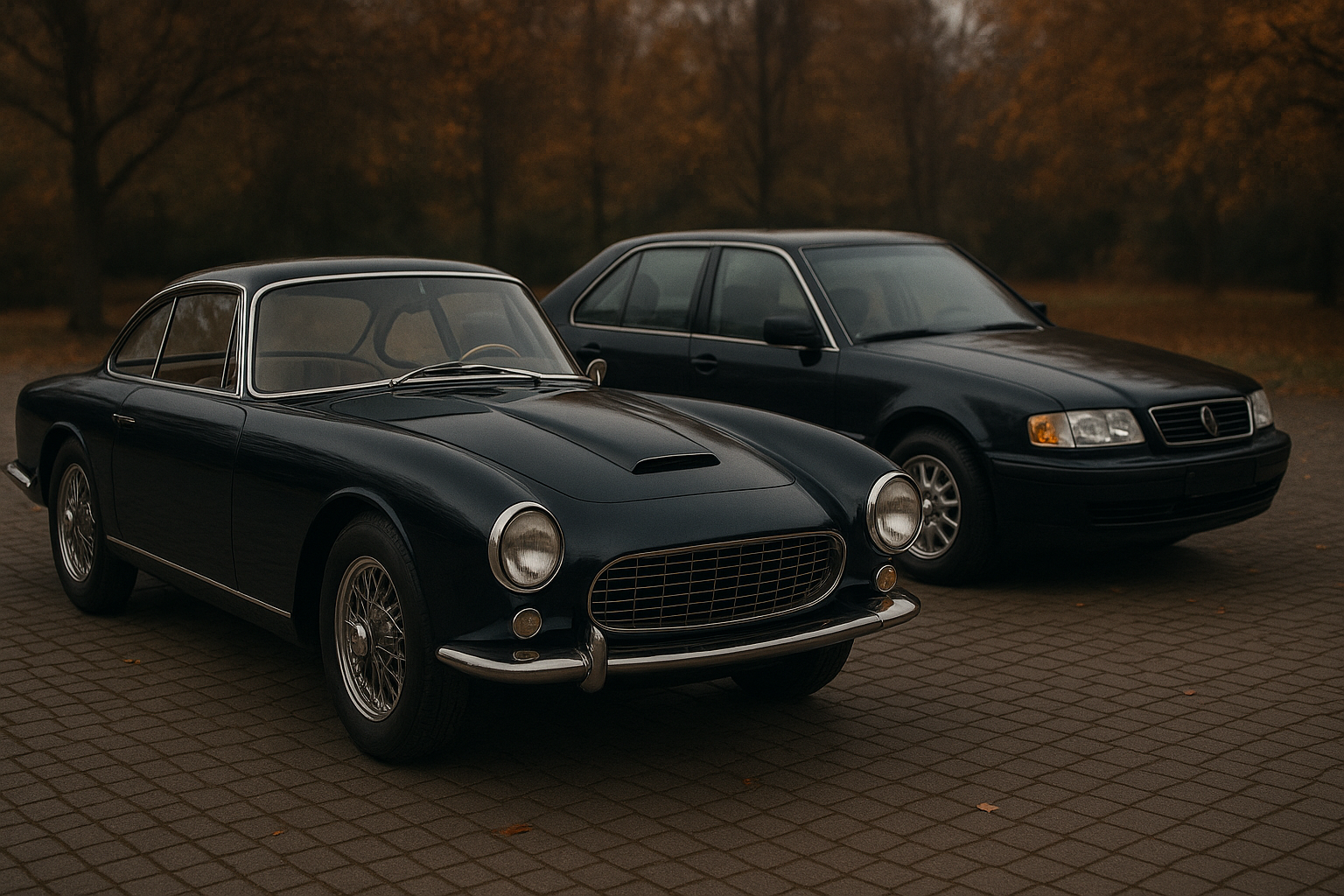 Generiertes Symbolmotiv mit Oldtimer und Youngtimer auf einem herbstlichen Platz