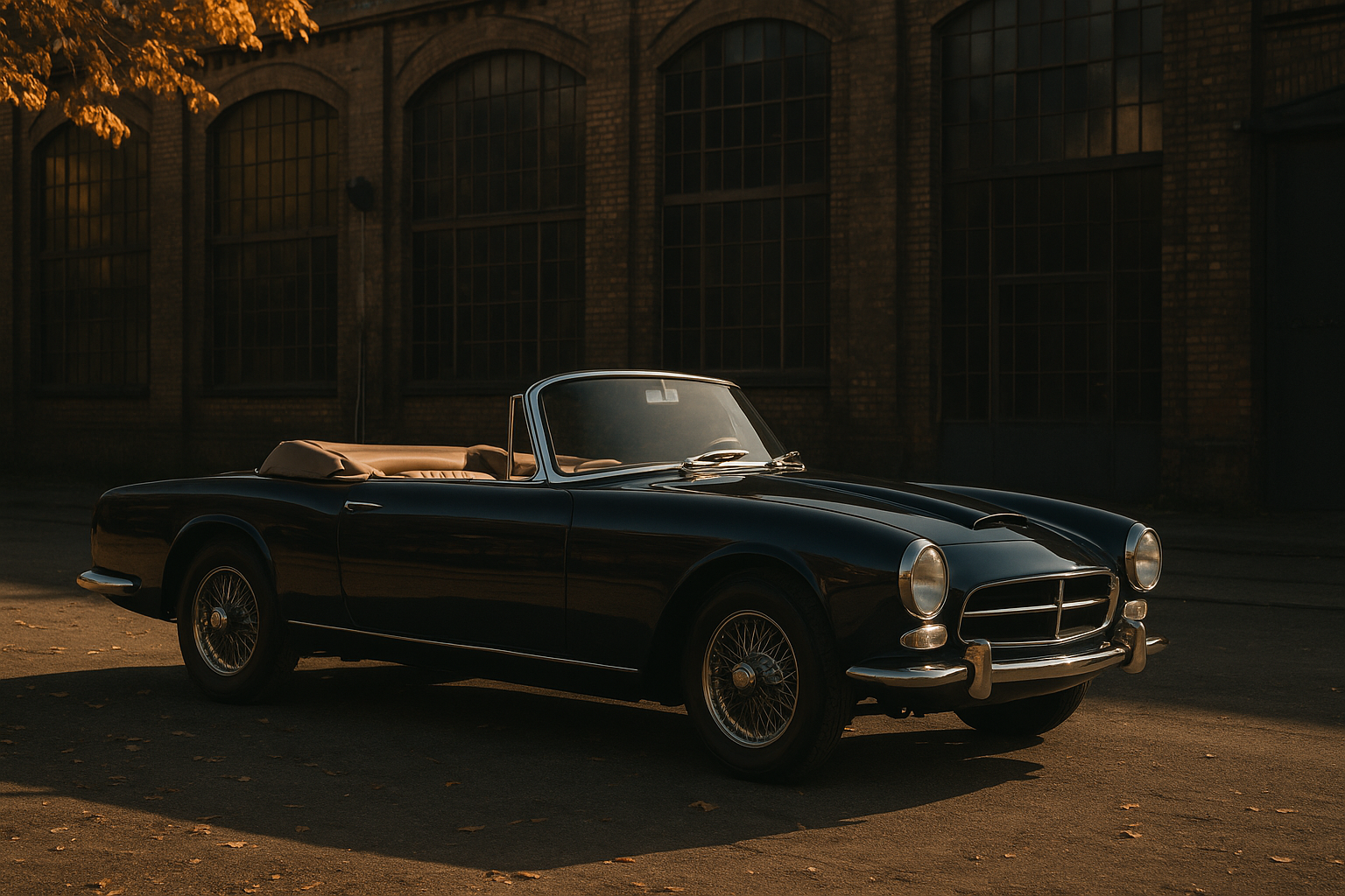 Generiertes Symbolmotiv eines klassischen Cabriolets vor einer historischen Industriehalle