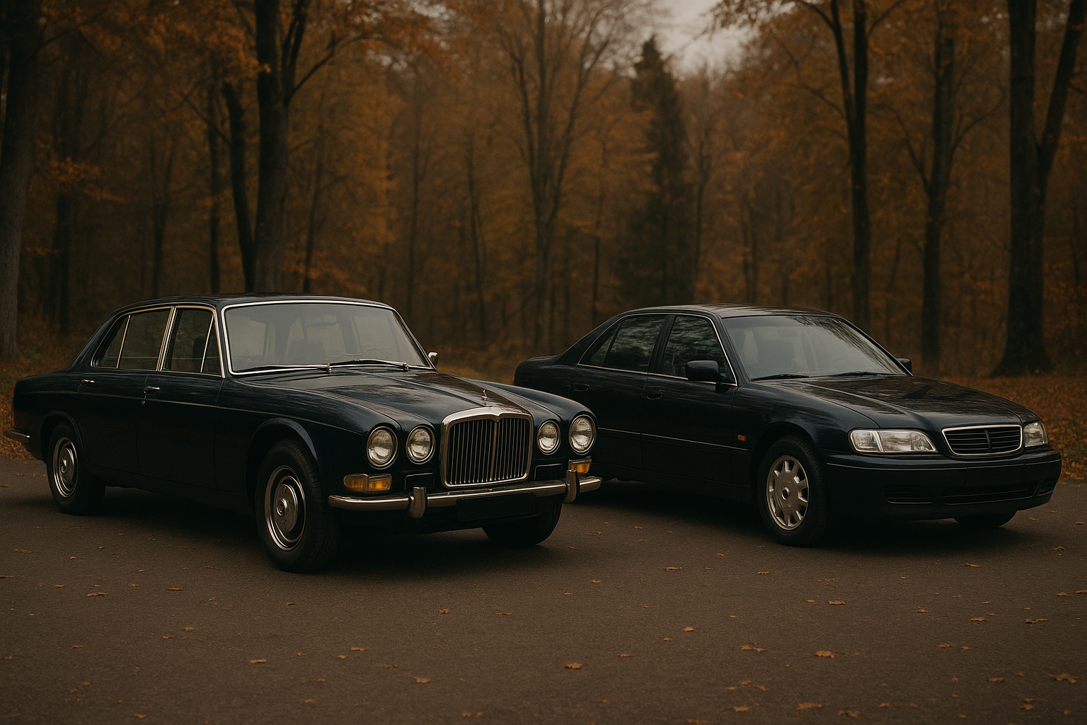 Symbolbild zweier klassischer Automobile vor herbstlichem Wald