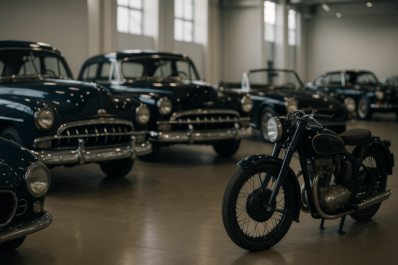 Symbolbild mit klassischen Automobilen und einem historischen Motorrad
