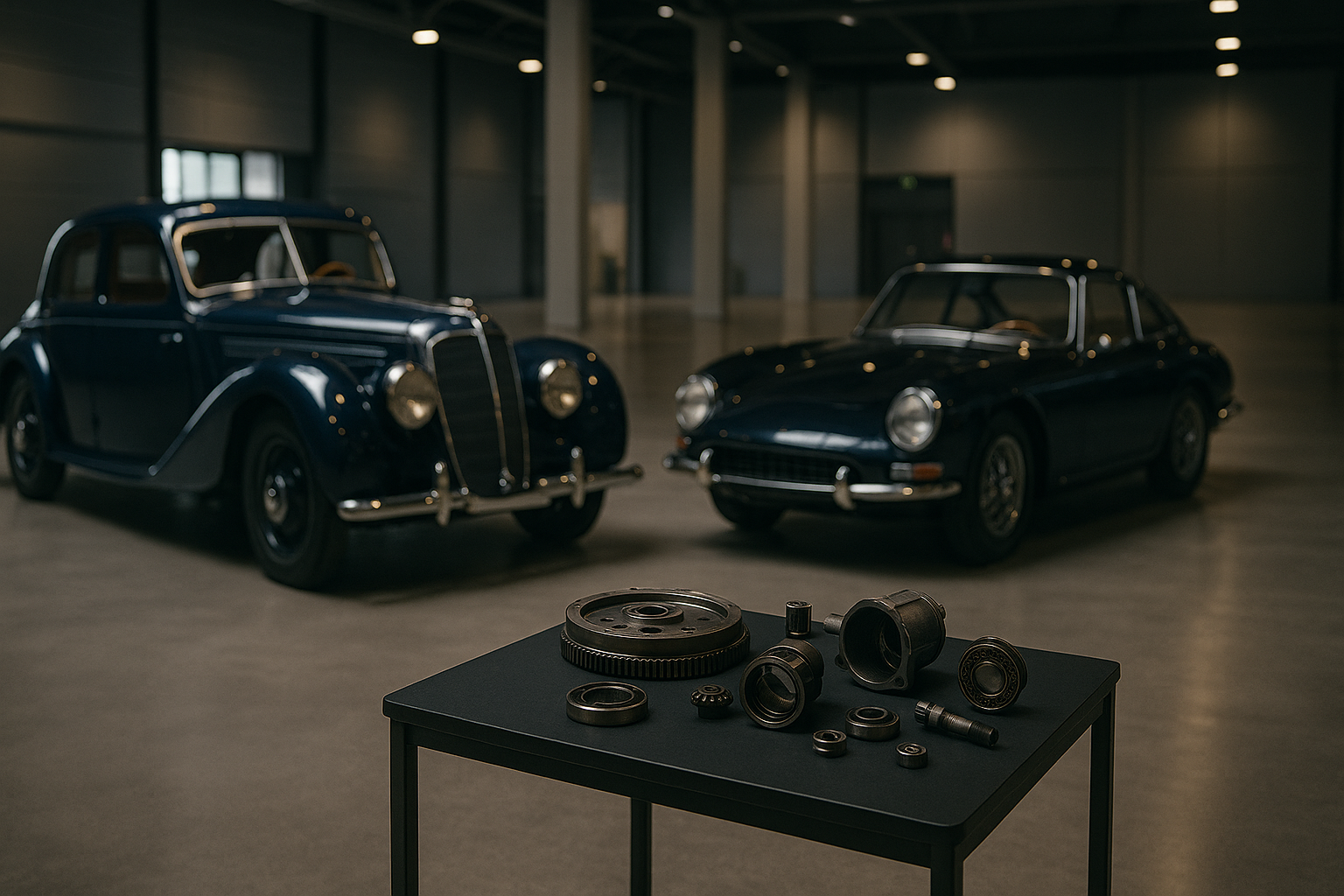 Symbolbild historischer Automobile und mechanischer Ersatzteile in einer Messehalle