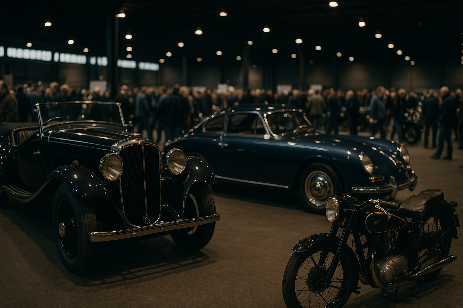 Generiertes Symbolmotiv mit historischen Automobilen und einem Motorrad in einer Messehalle