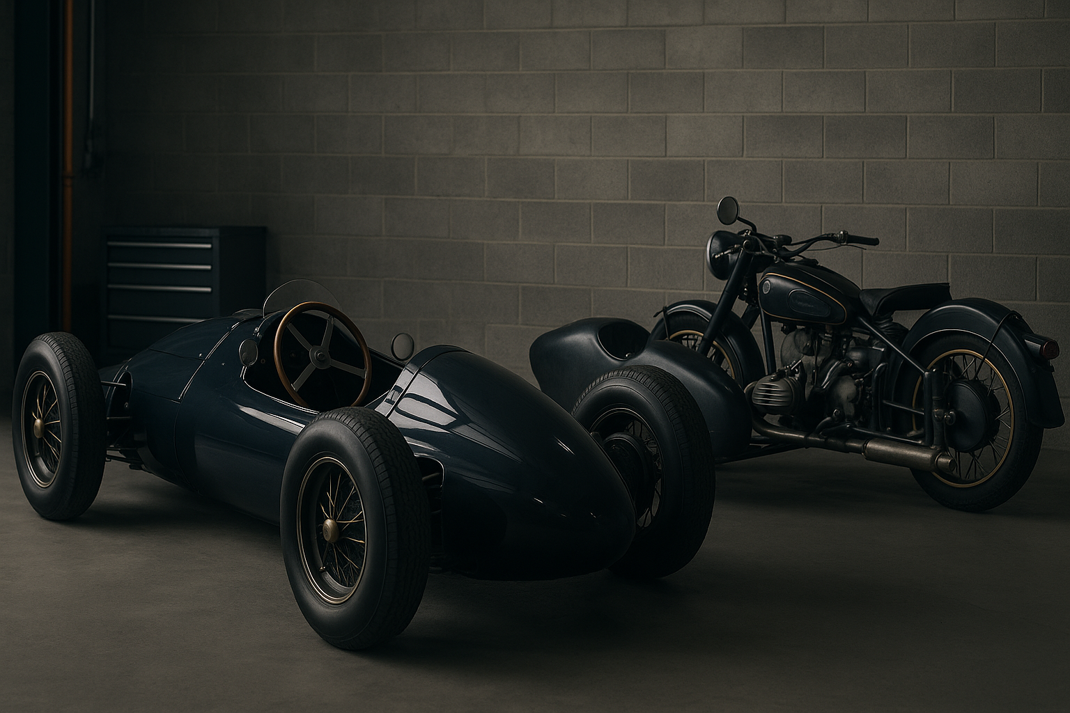 Symbolbild eines historischen Rennwagens neben einem klassischen Motorradgespann