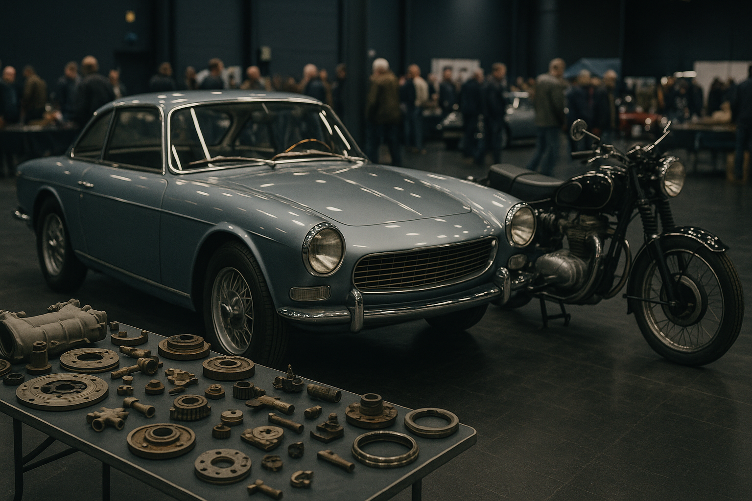 Klassisches Auto, Motorrad und Ersatzteile als Symbol für eine Oldtimermesse