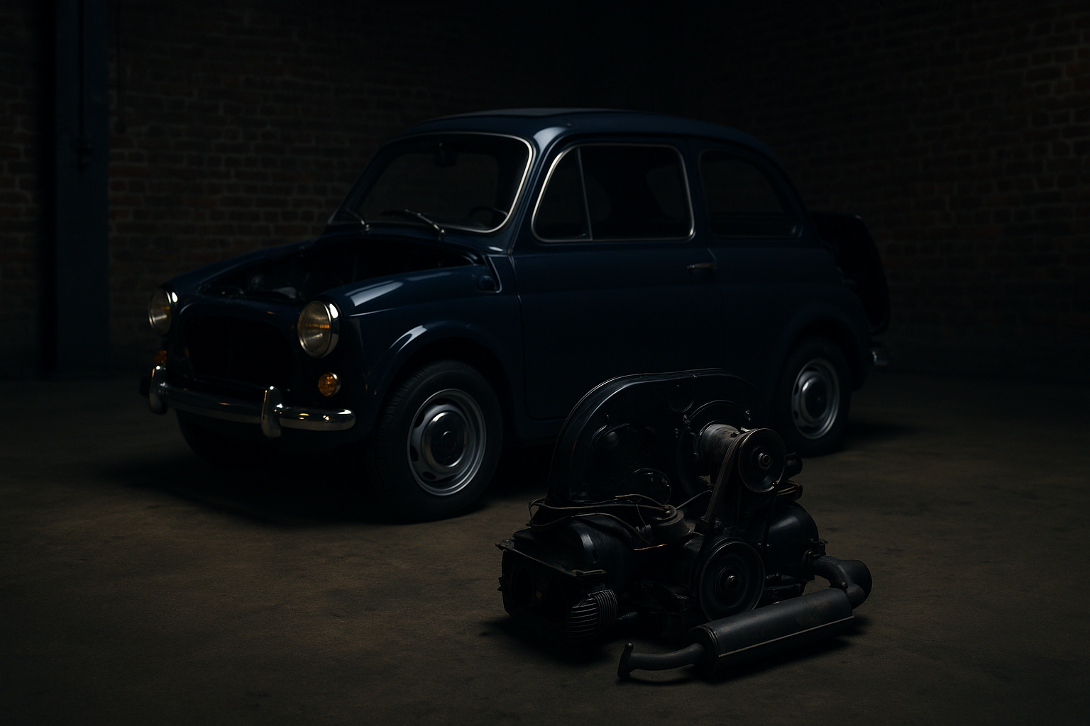 Generiertes Symbolmotiv eines historischen Kleinwagens und luftgekühlter Motorteile
