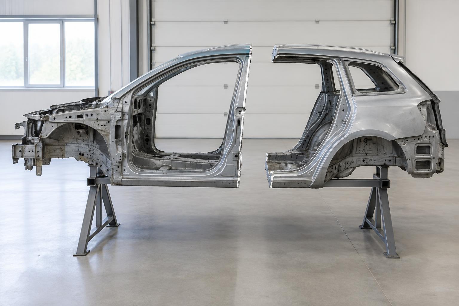 In zwei deutlich getrennte Hälften geschnittene Fahrzeugkarosserie auf Metallböcken in einer Werkstatt